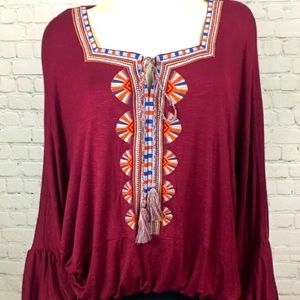 Umgee Boho Peasant Blouse  Burgundy w/tassels